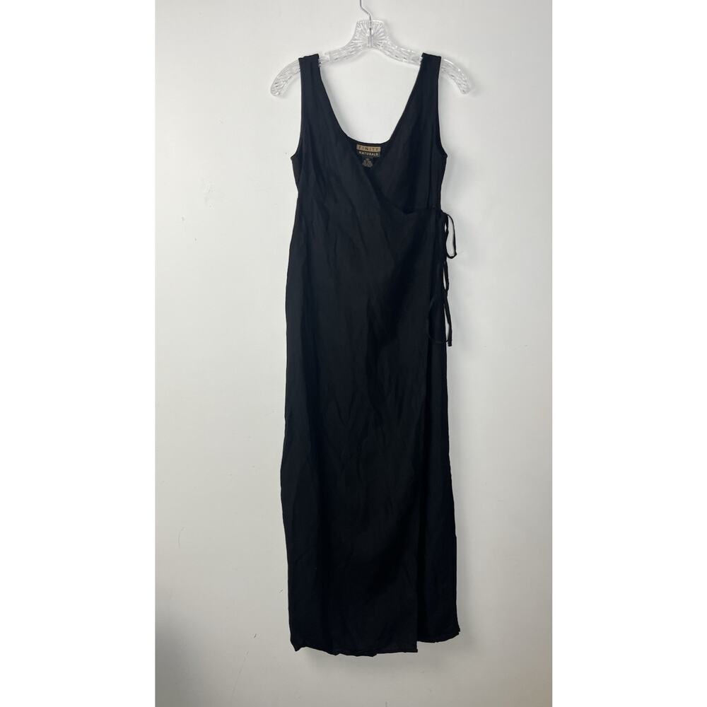 Finity Naturals Linen Blend Midi Wrap Dress Size 4 Black V Neck Sleeveless Tie